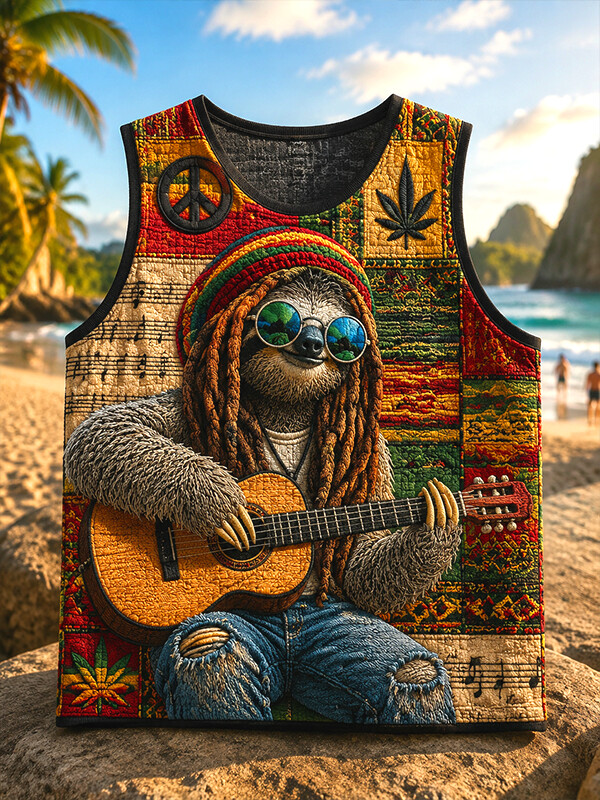 Men's Rasta Reggae Sloth Playing Guitar Patchwork Art Print Tank Top