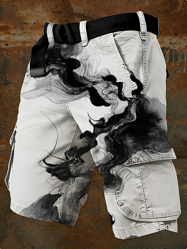 Men's Black White Ink Painting Japanese Art Print Denim-Like Casual Shorts