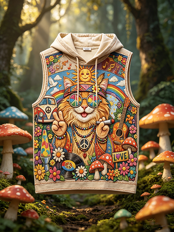 Men's Hippie Peace Cat Mushroom Art Print Hooded Tank Top