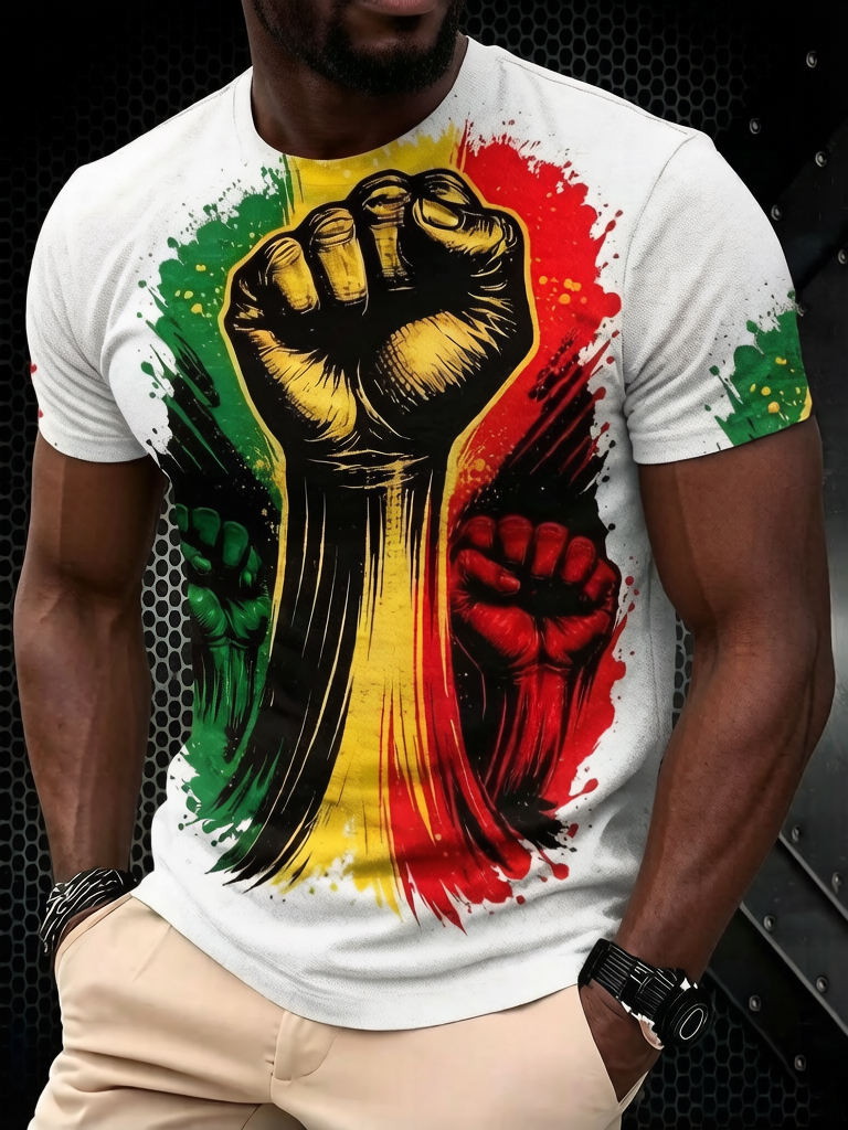 Men's Black Fist Graphic Juneteenth Print Casual T-Shirt