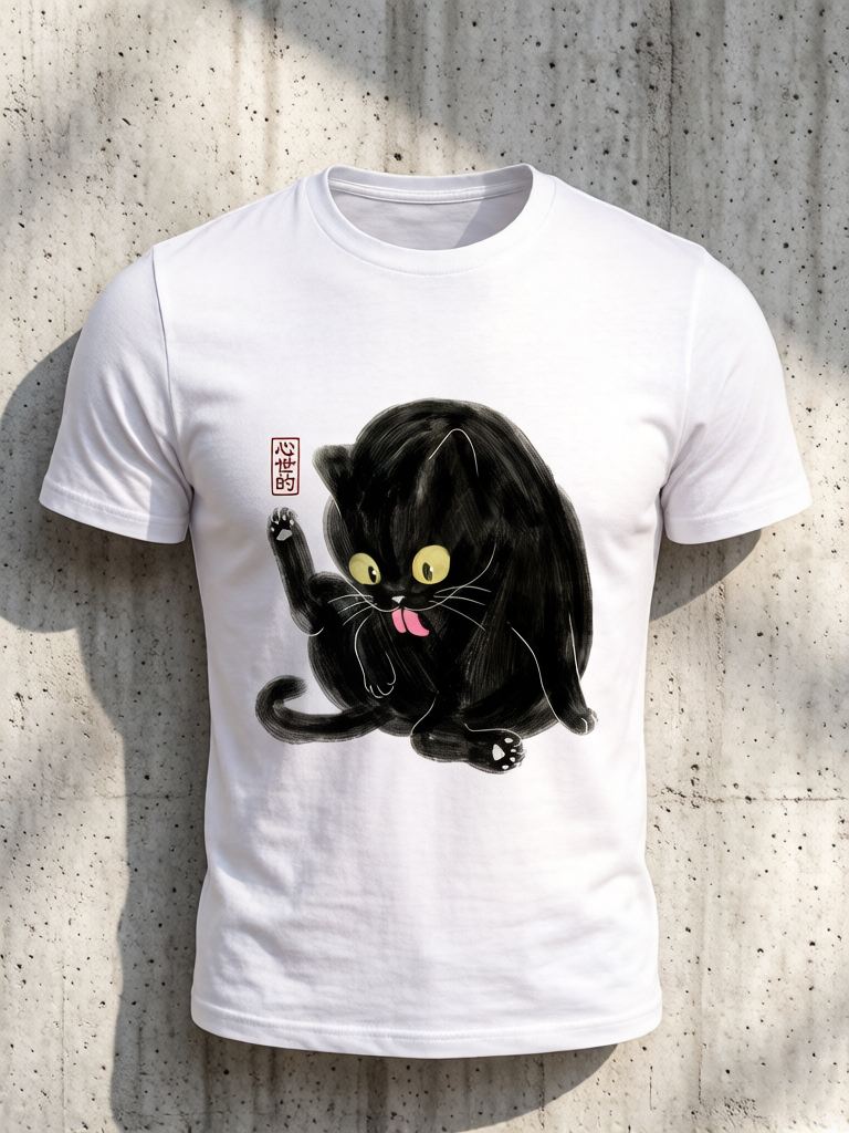 Men's Fun Cat Grooming Ink Painting Cotton Casual T-Shirt