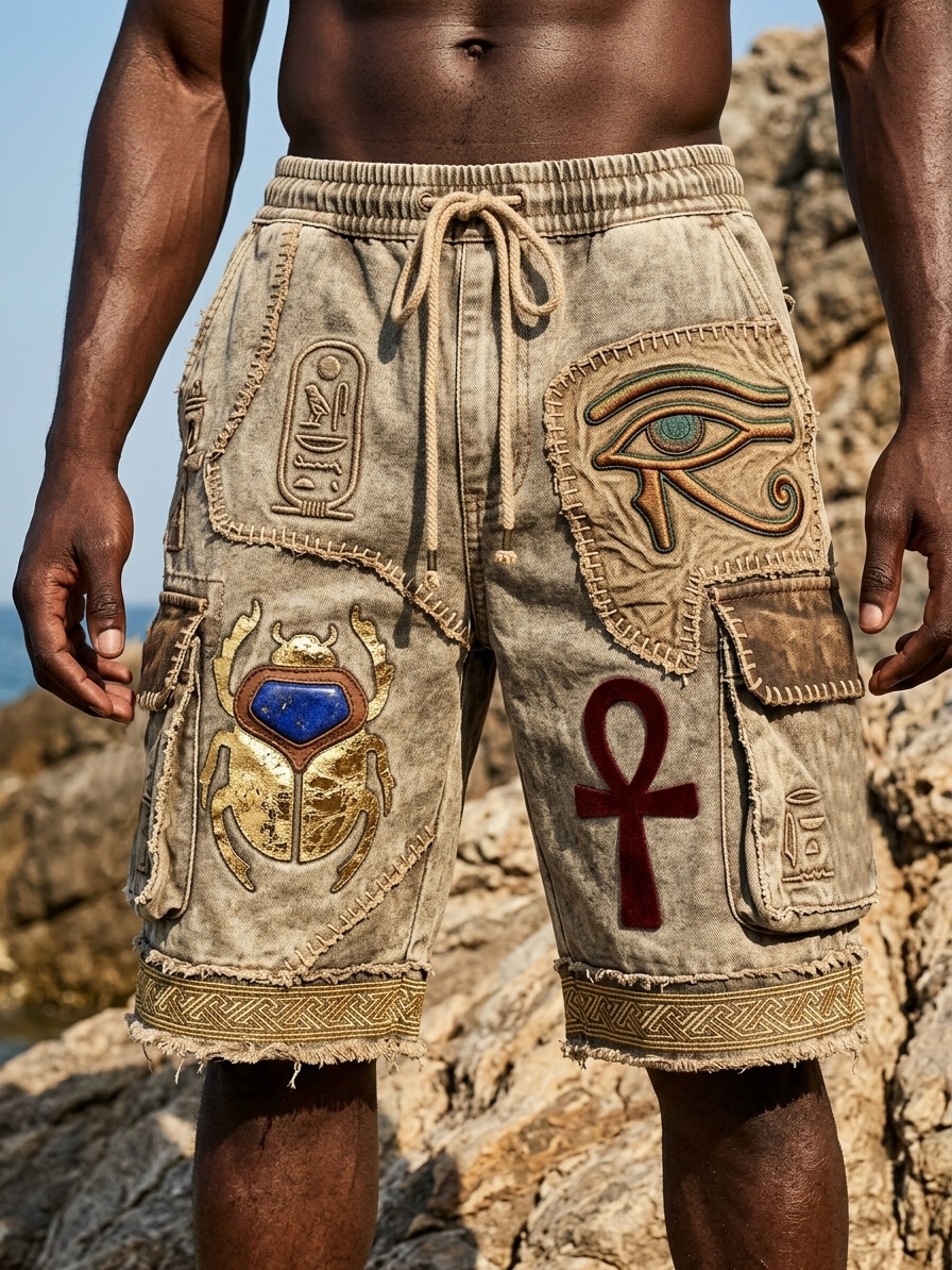 Men's Eye of Horus Ankh Ancient Egypt Mystical Art Print Drawstring Waist Casual Shorts