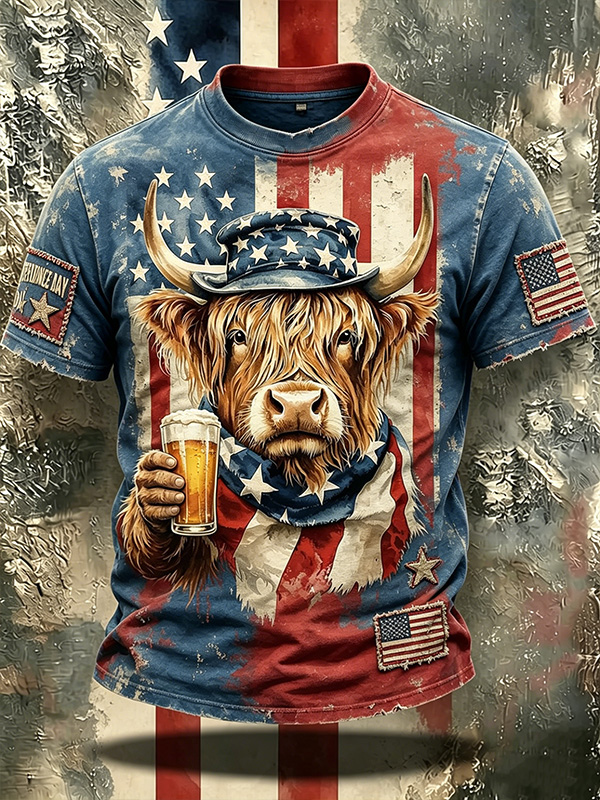 Men's 4th Of July Patriotic Highland Cow With Beer American Flag Print T-Shirt