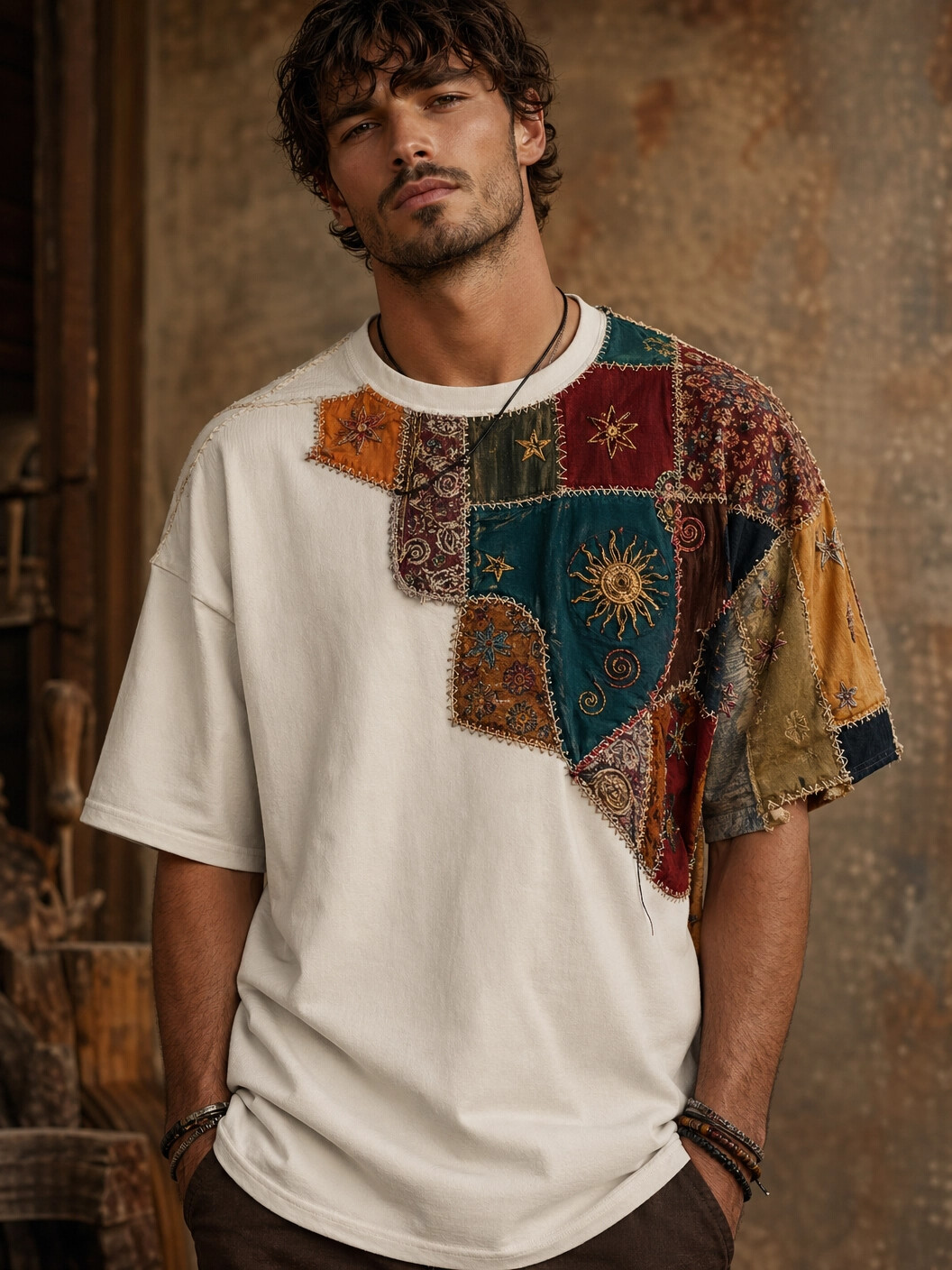 Men's Mysterious Sun Ditsy Floral Stitching Print Casual T-Shirt