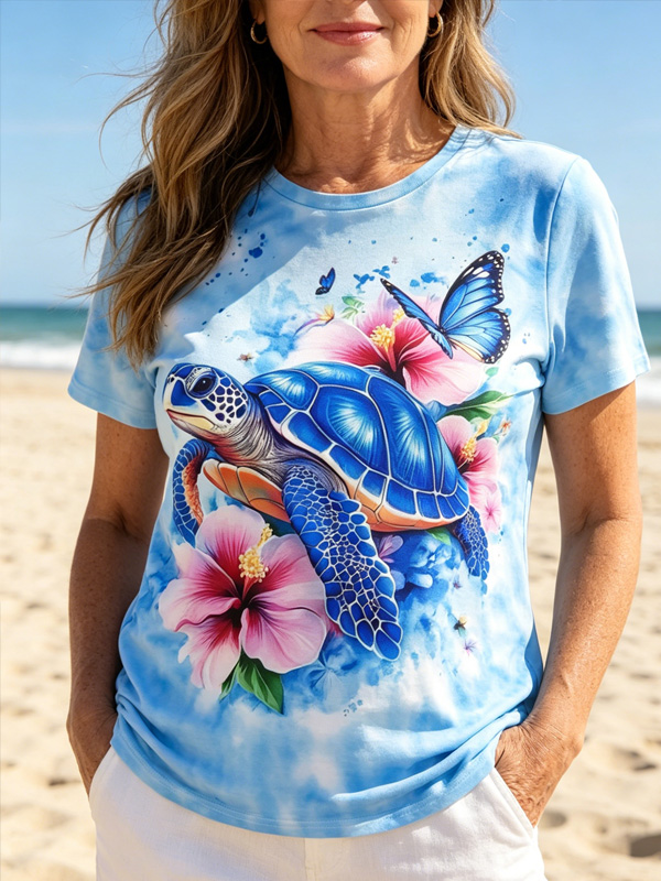 Women's Tie Dye Sea Turtle And Hibiscus Flower Art Print Casual T-Shirt