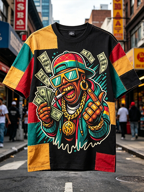 Men's Black Hip-Hop Boy Color Block Print Casual T-Shirt