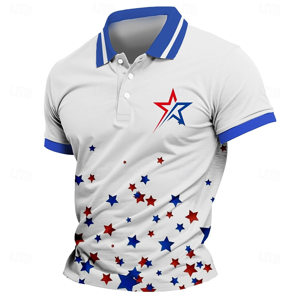 4th of July 2026 250th Independence Day Men's Star Polo Short Sleeves Lapel Casual Daily Sports & Outdoor Athleisure Festival Buttons Summer Robin's Egg Blue Red