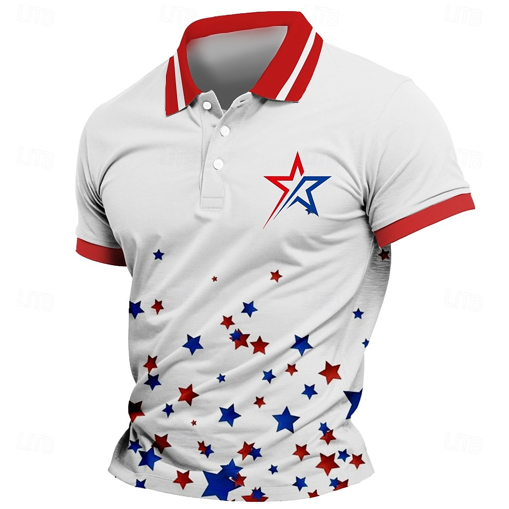 4th of July 2026 250th Independence Day Men's Star Polo Short Sleeves Lapel Casual Daily Sports & Outdoor Athleisure Festival Buttons Summer Robin's Egg Blue Red