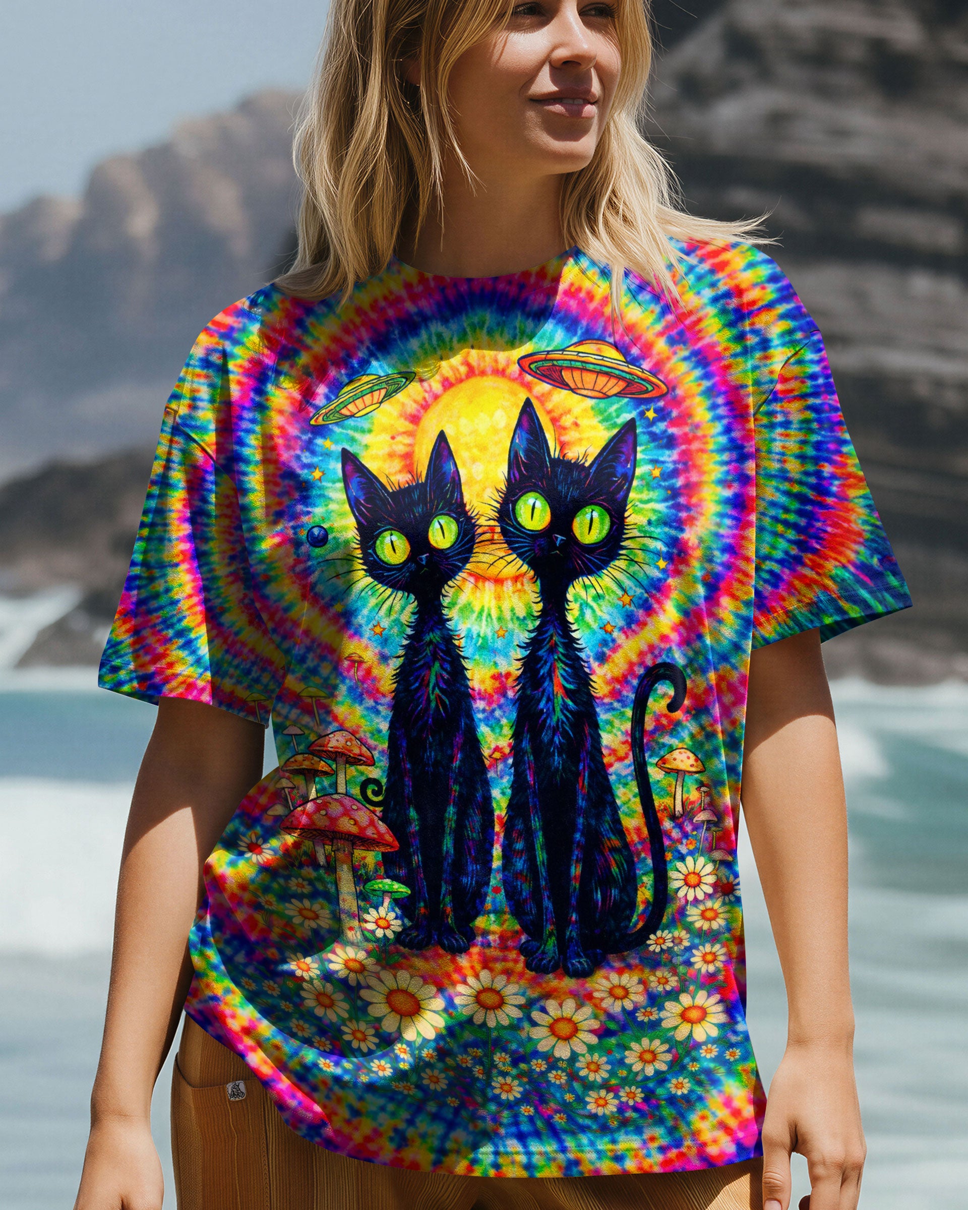 PSYCHEDELIC BLACK CAT COLORFUL SWIRL ALL OVER PRINT - TLTW2801262