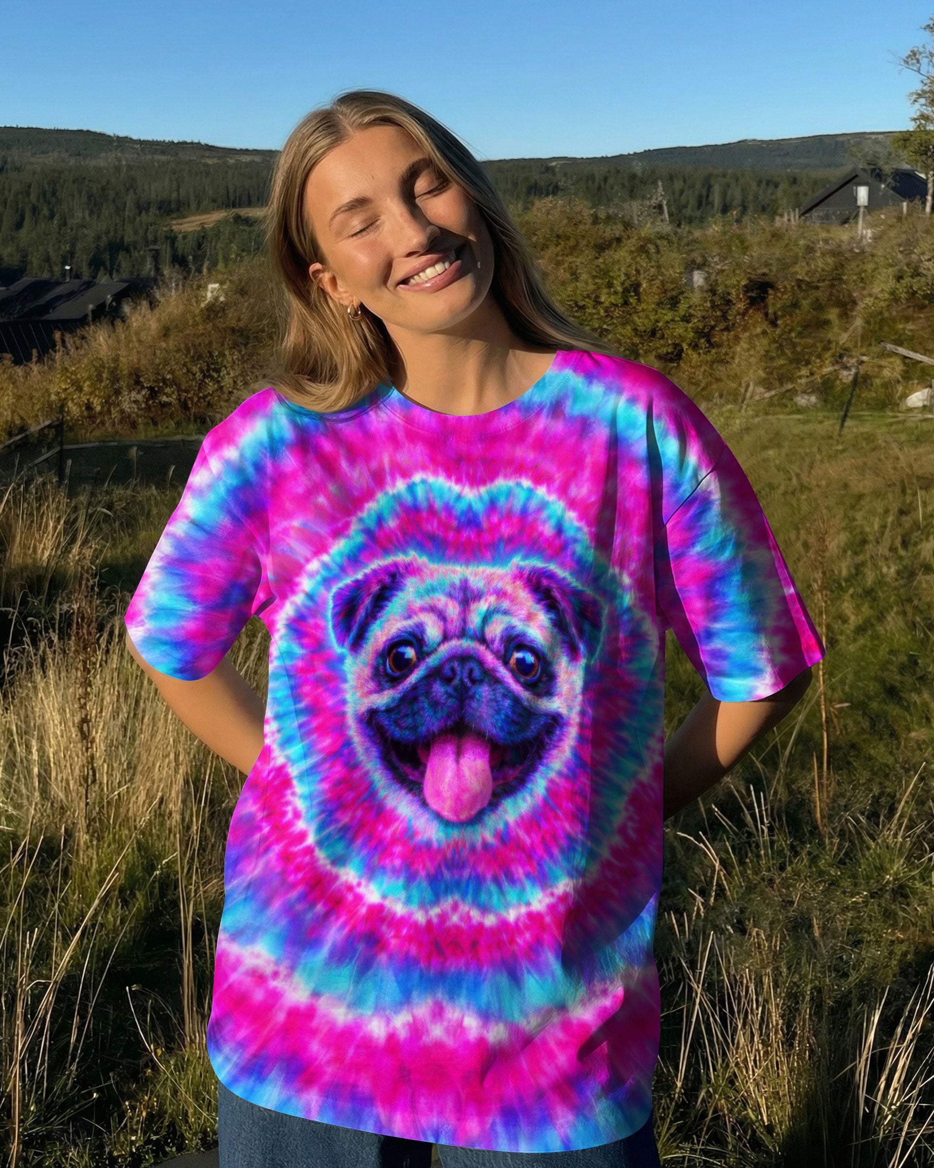 PUG DOG PINK & CYAN SWIRL ALL OVER PRINT - TLTW2502262