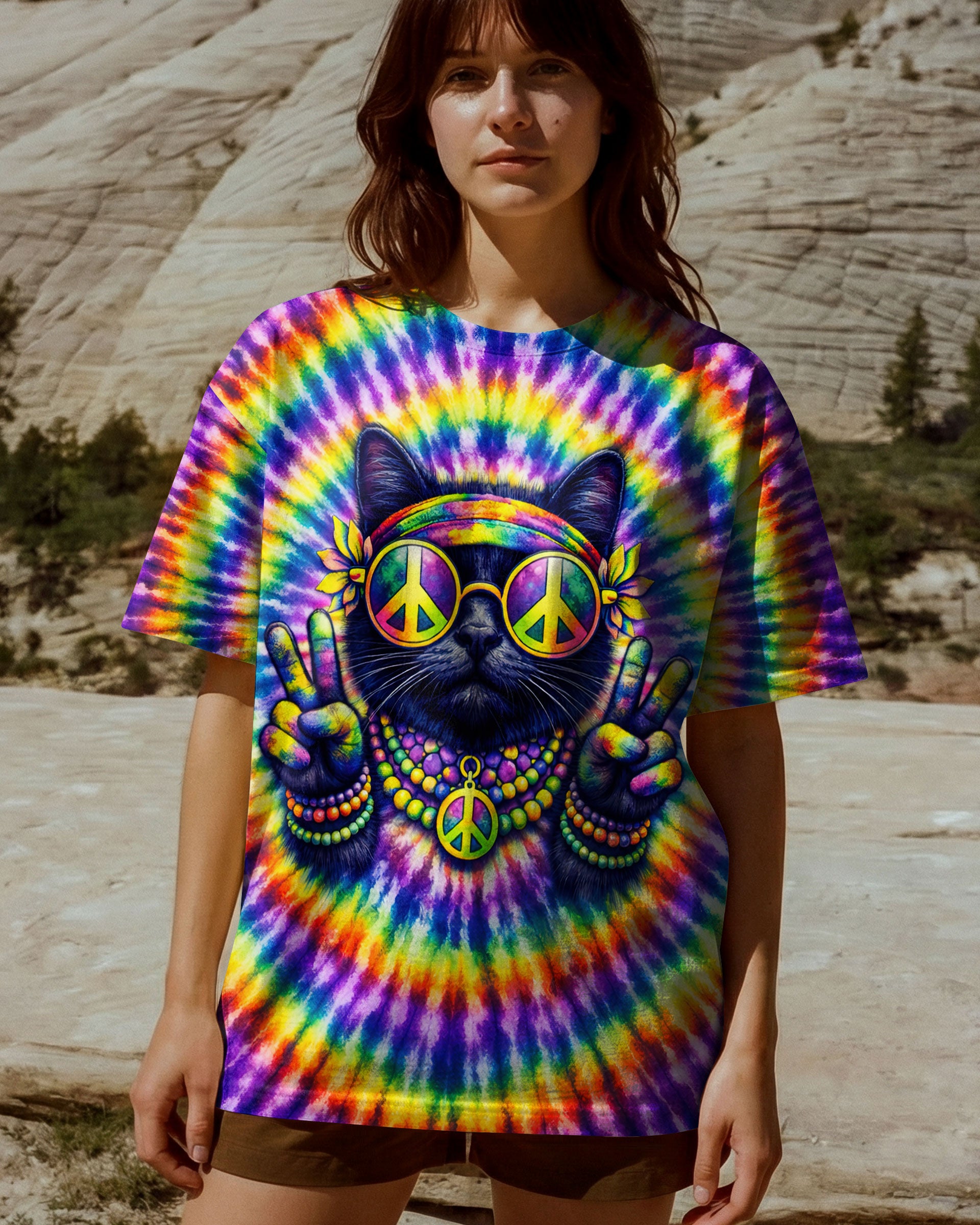 HIPPIE CAT COLORFUL SWIRL ALL OVER PRINT - TLTW2301261