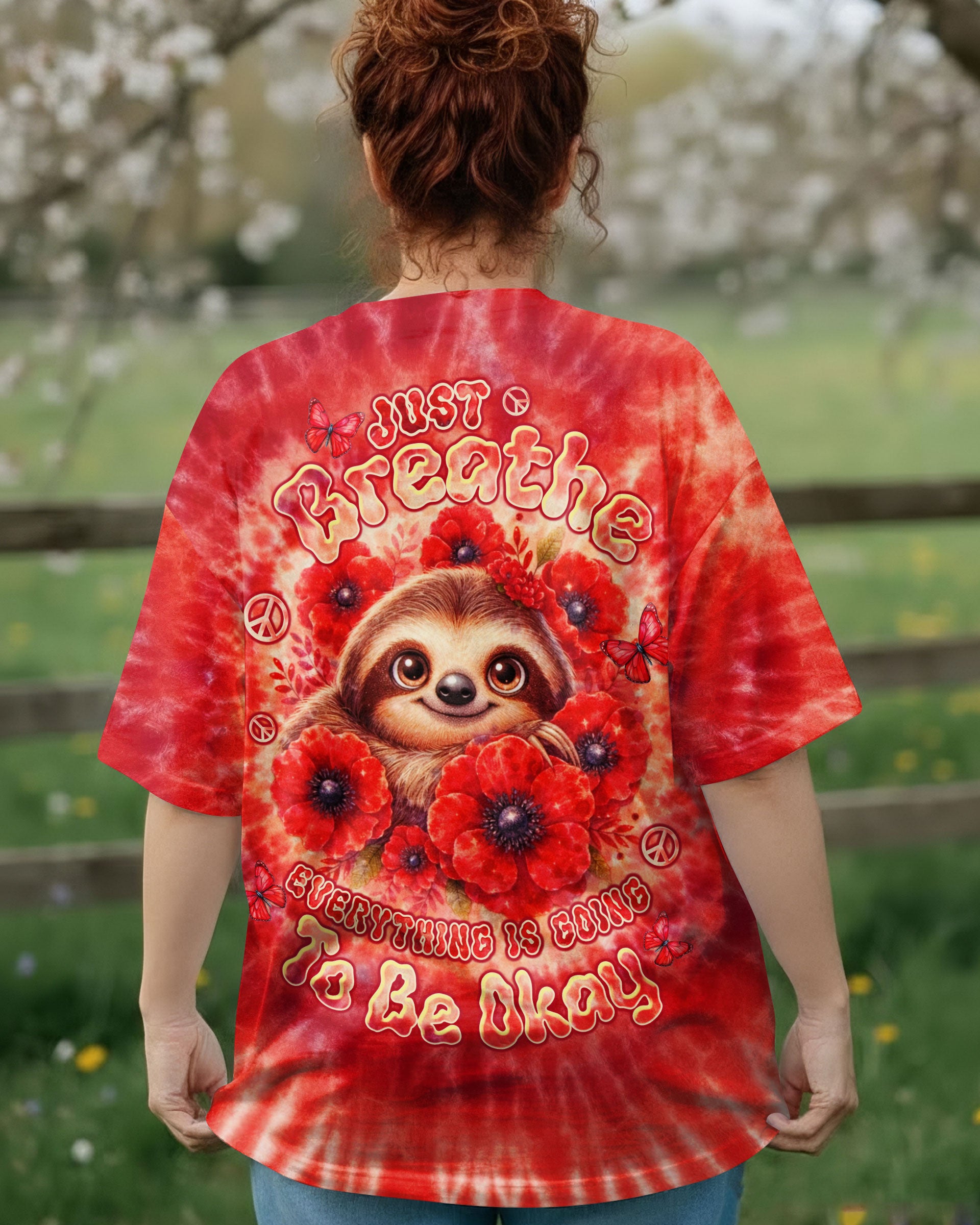 JUST BREATHE SLOTH RED SWIRL ALL OVER PRINT - TLTW0804261