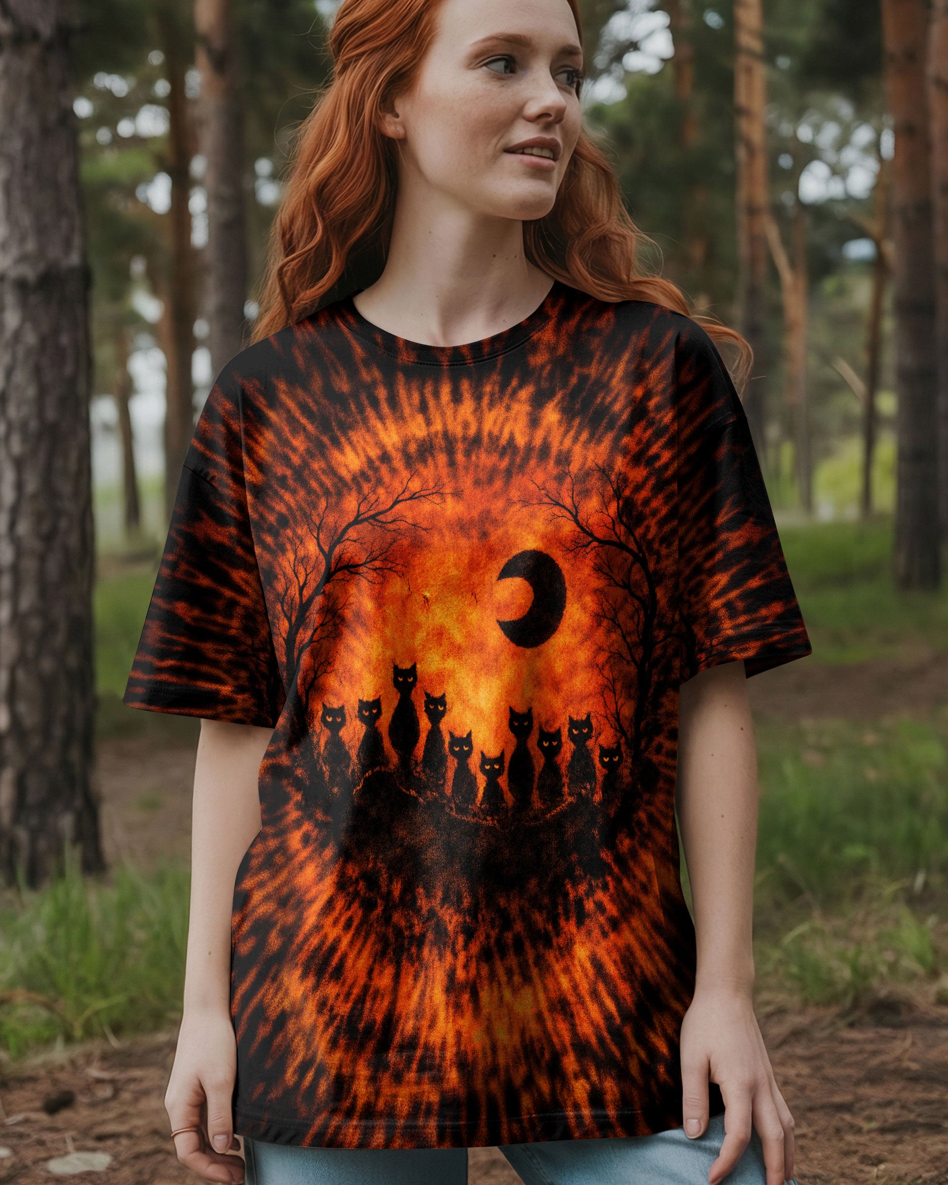 BLACK CAT ORANGE &  BLACK SWIRL ALL OVER PRINT  - TLTW0502262