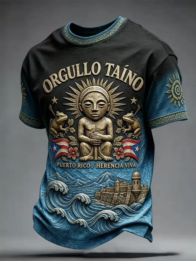 Men's Black Blue Gradient Orgullo Taíno Puerto Rico Heritage Print T-Shirt