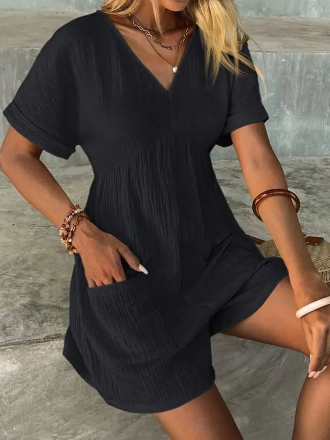 Women's Fashion Solid Color V Neck Loose Bat Sleeve Pocket Zipper Short Sleeve Jumpsuit