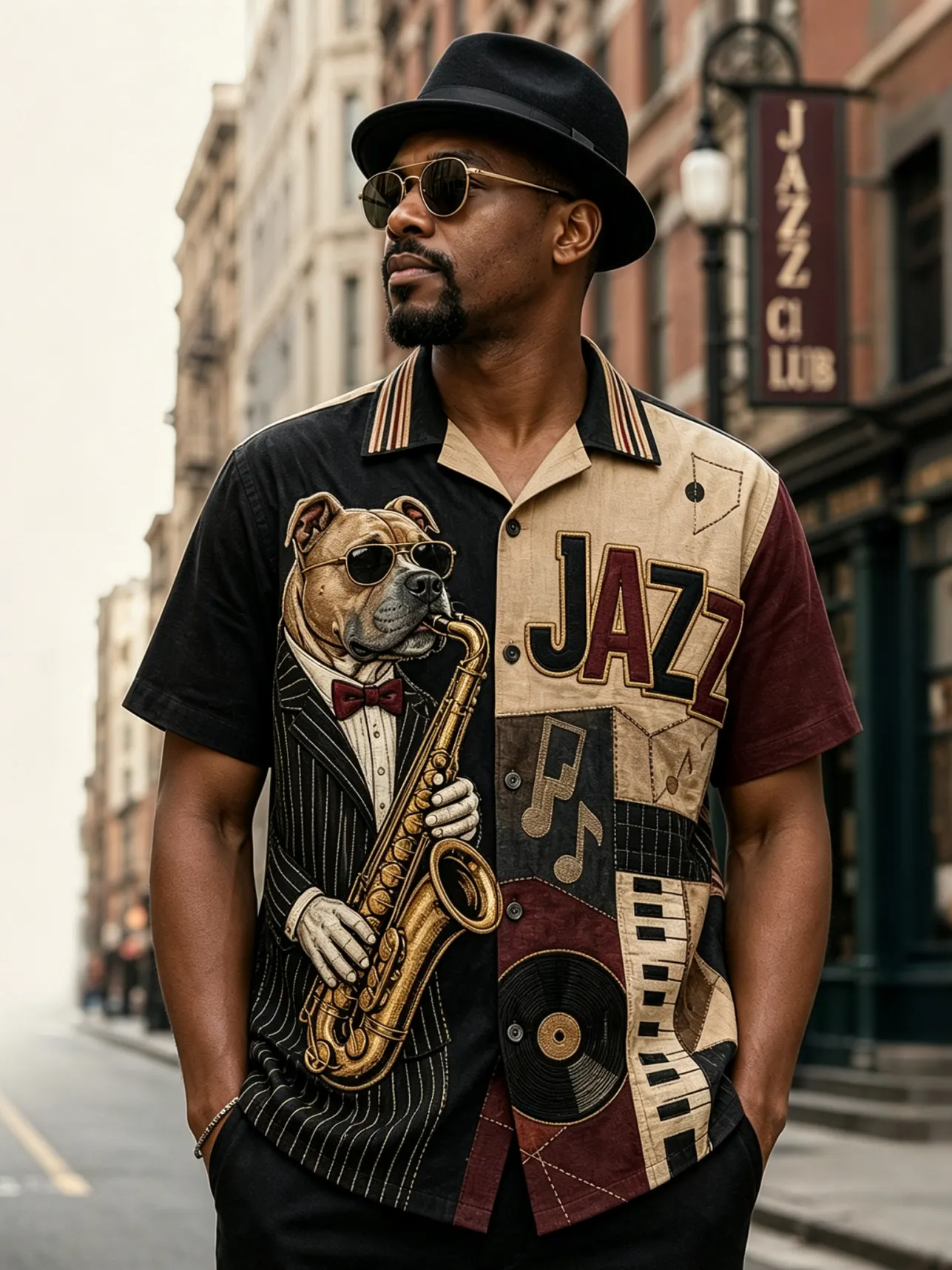 Men's Jazz Musician Dog Colorblock Print Short Sleeve Shirt
