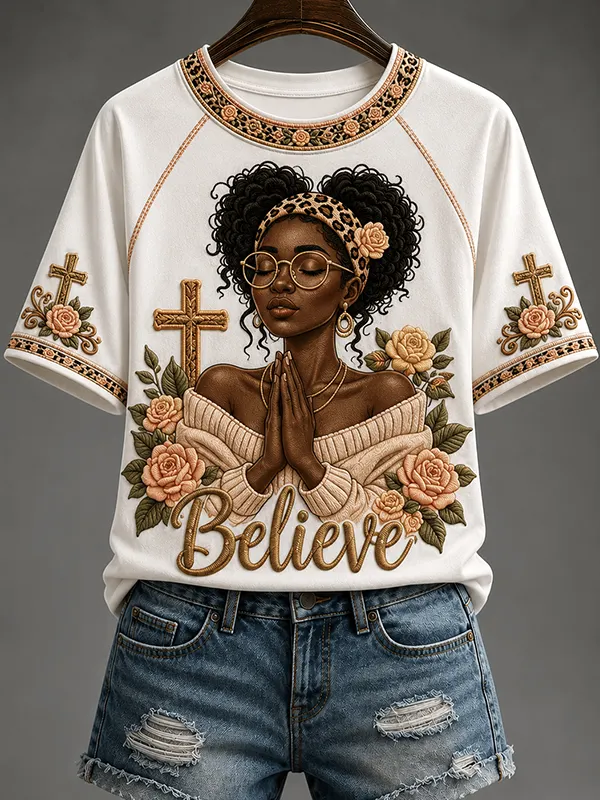 Women's Believe God Faith Cross Art Print Casual T-Shirt