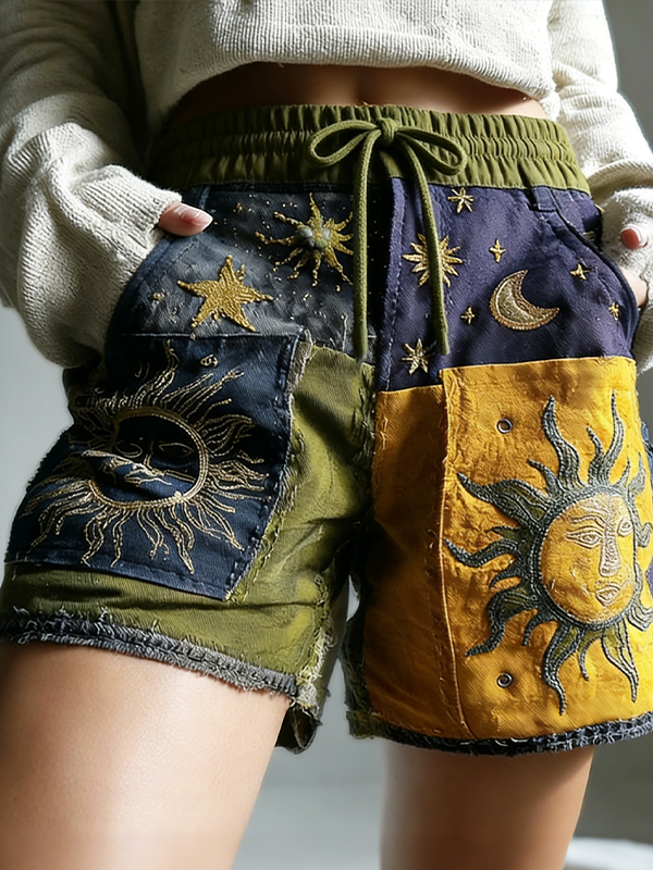 Women's Sun And Moon Color Block Art Print Casual Shorts