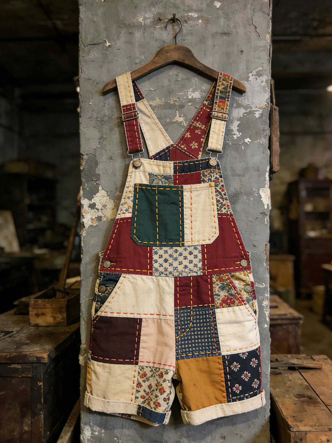Men's Retro Western Geometric Patchwork Print Denim-Like Shorts Overalls