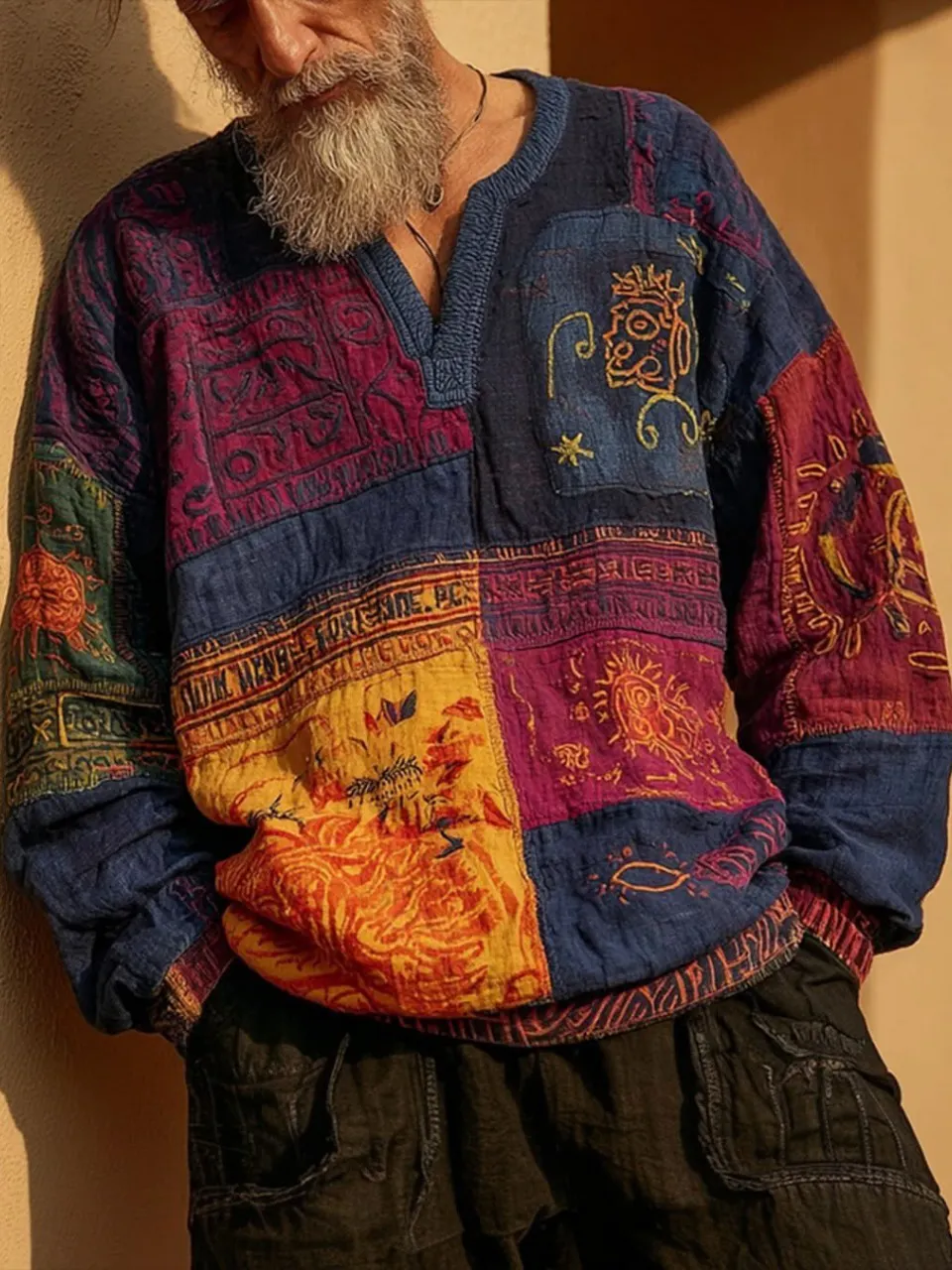 Men's Boho Patchwork Tribal Sun Totem Color Block Art Print V Neck Long Sleeve T-Shirt