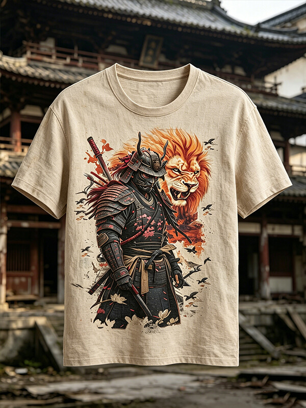 Men's Japanese Samurai Warrior With Lion Print Cotton Casual T-Shirt
