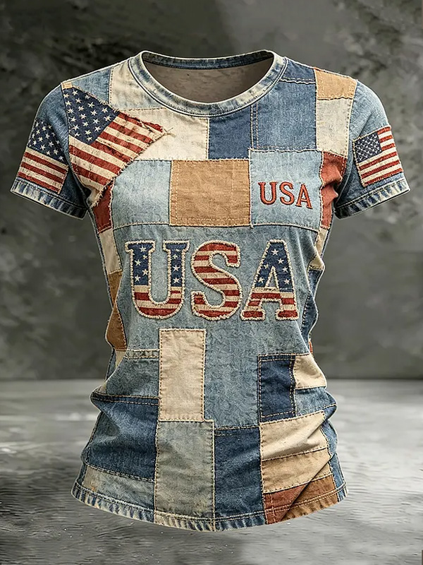 Women's USA Flag Patchwork Art Print Casual T-Shirt