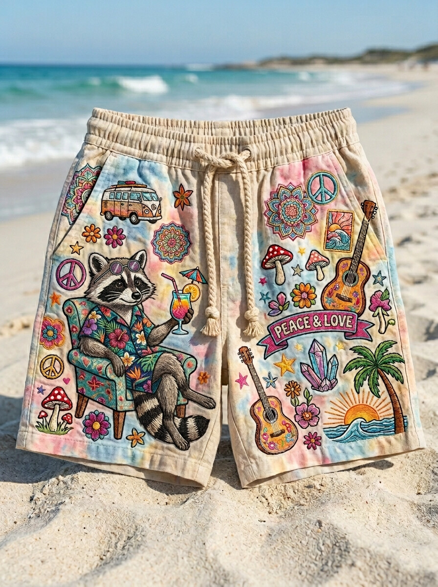 Men's Raccoon Vacation Guitar Music Hawaiian Style Print Casual Shorts