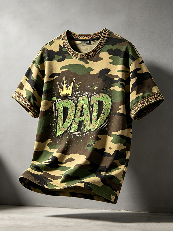 Men's Camo Dad Crown Tribal Trim Print T-Shirt