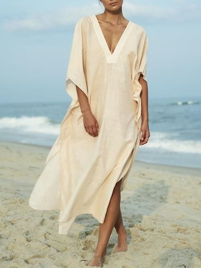 Women'S Casual Solid Color V-Neck Three-Quarter Sleeve Loose Dress