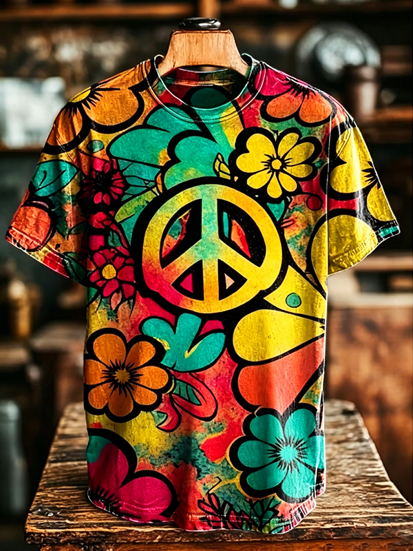 Men's Vintage Hippie Peace & Floral Tie-Dye Print T-Shirt