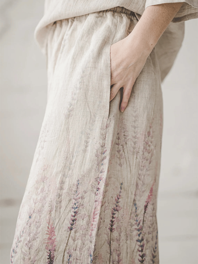 Women's Lavender Print Linen Wide Leg Pants