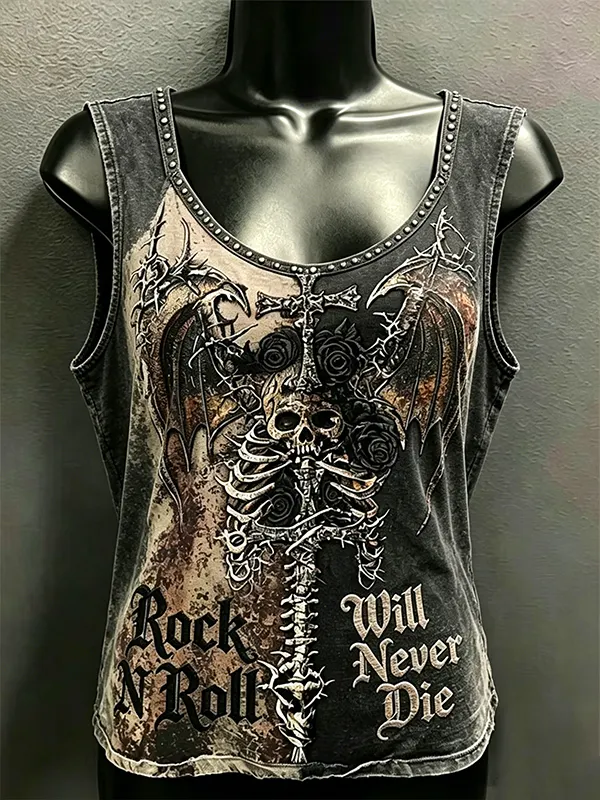 Women's Skull Cross Rock Never Dies Print Casual Tank Top