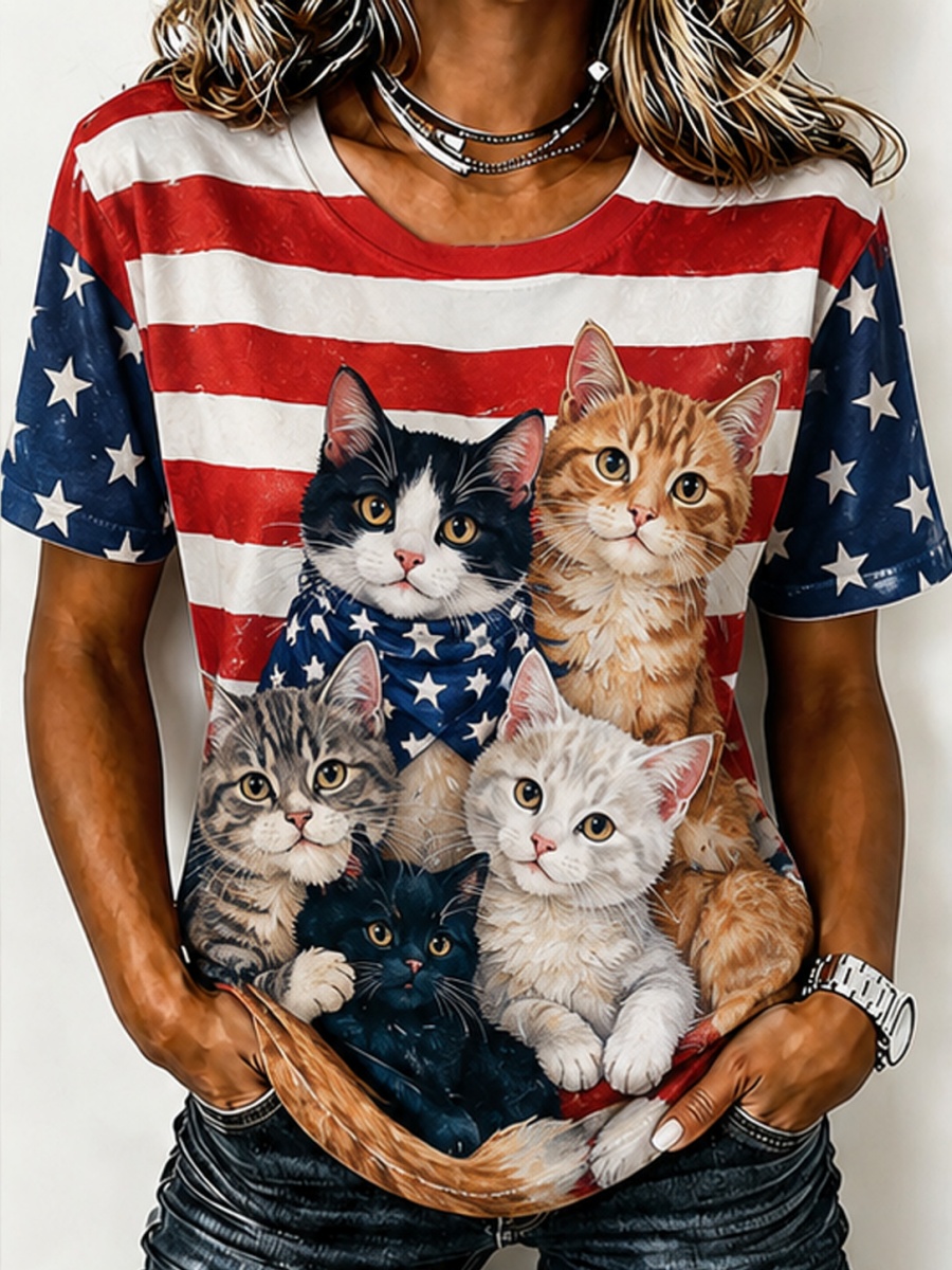 American Flag Cat T-Shirt 4th of July Patriotic Short Sleeve