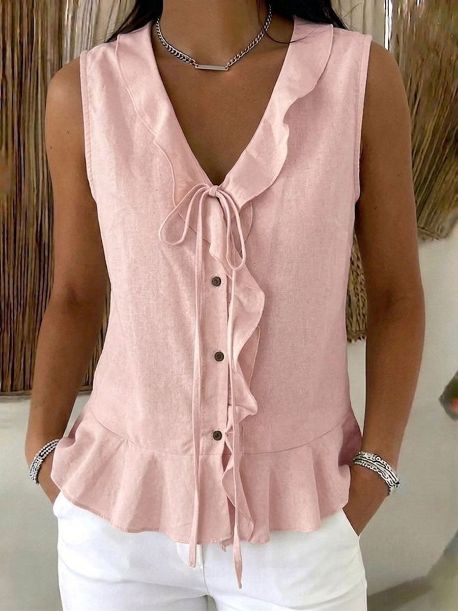Women's Casual V-Neck Ruffled Sleeveless Tank Top