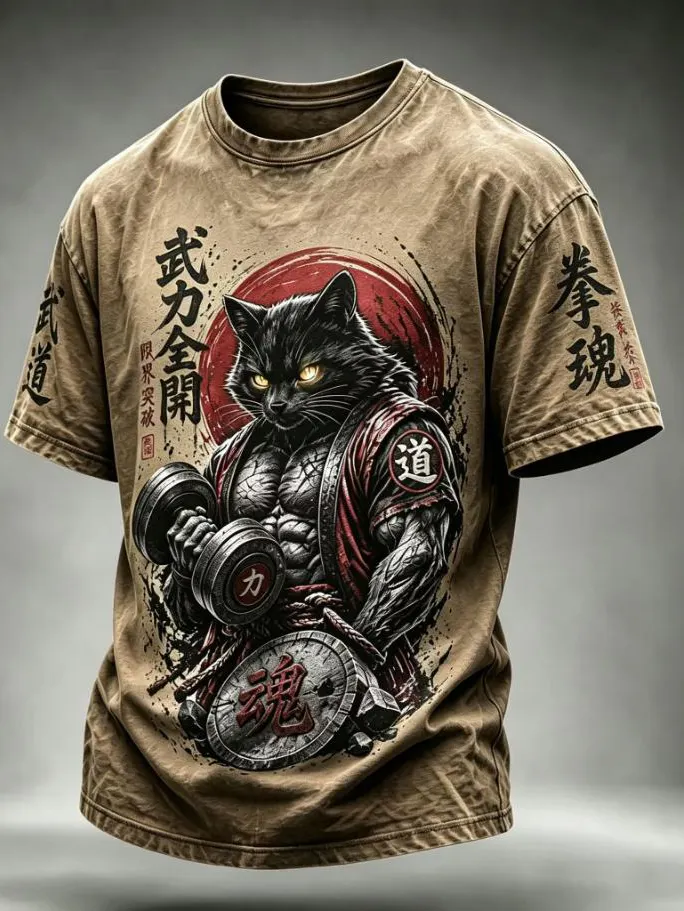 Men's Japanese Warrior Muscular Cat Kanji Print T-Shirt