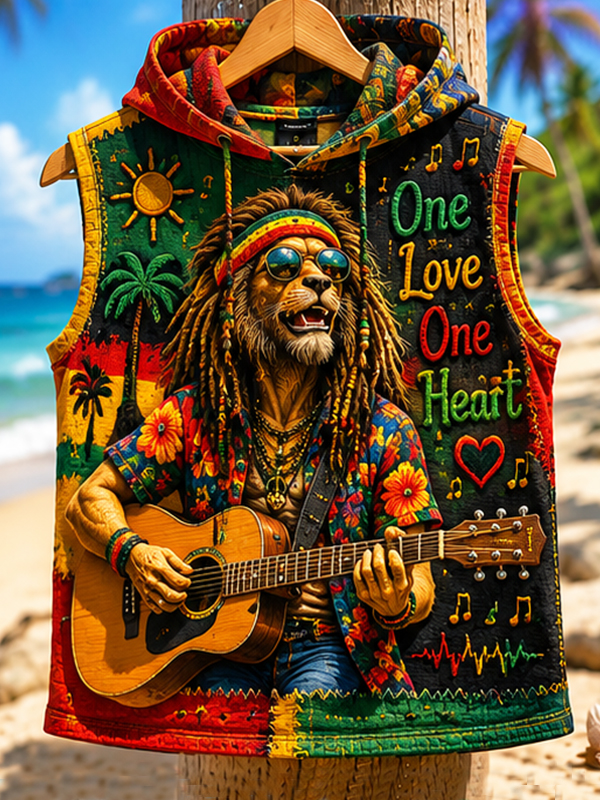 Men's Reggae Style Lion Playing Guitar One Love One Heart Print Hooded Tank Top