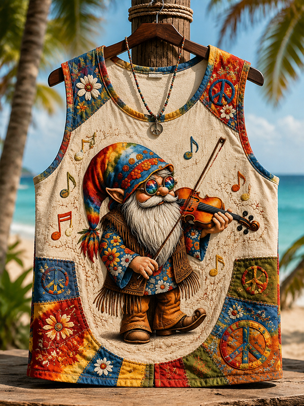 Men's Hippie Gnome Playing Violin Boho Peace Sign Art Print Tank Top