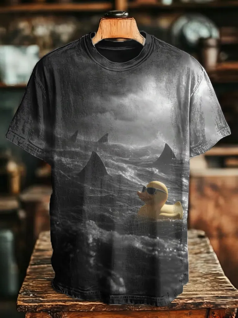 Men's Ocean Wave Shark Fin Sunglasses Rubber Duck Print T-Shirt