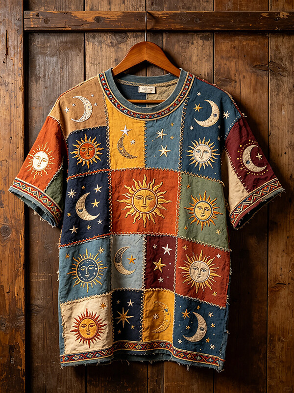 Men's Color Block Geometric Patchwork Hippie Sun And Moon Print T-Shirt