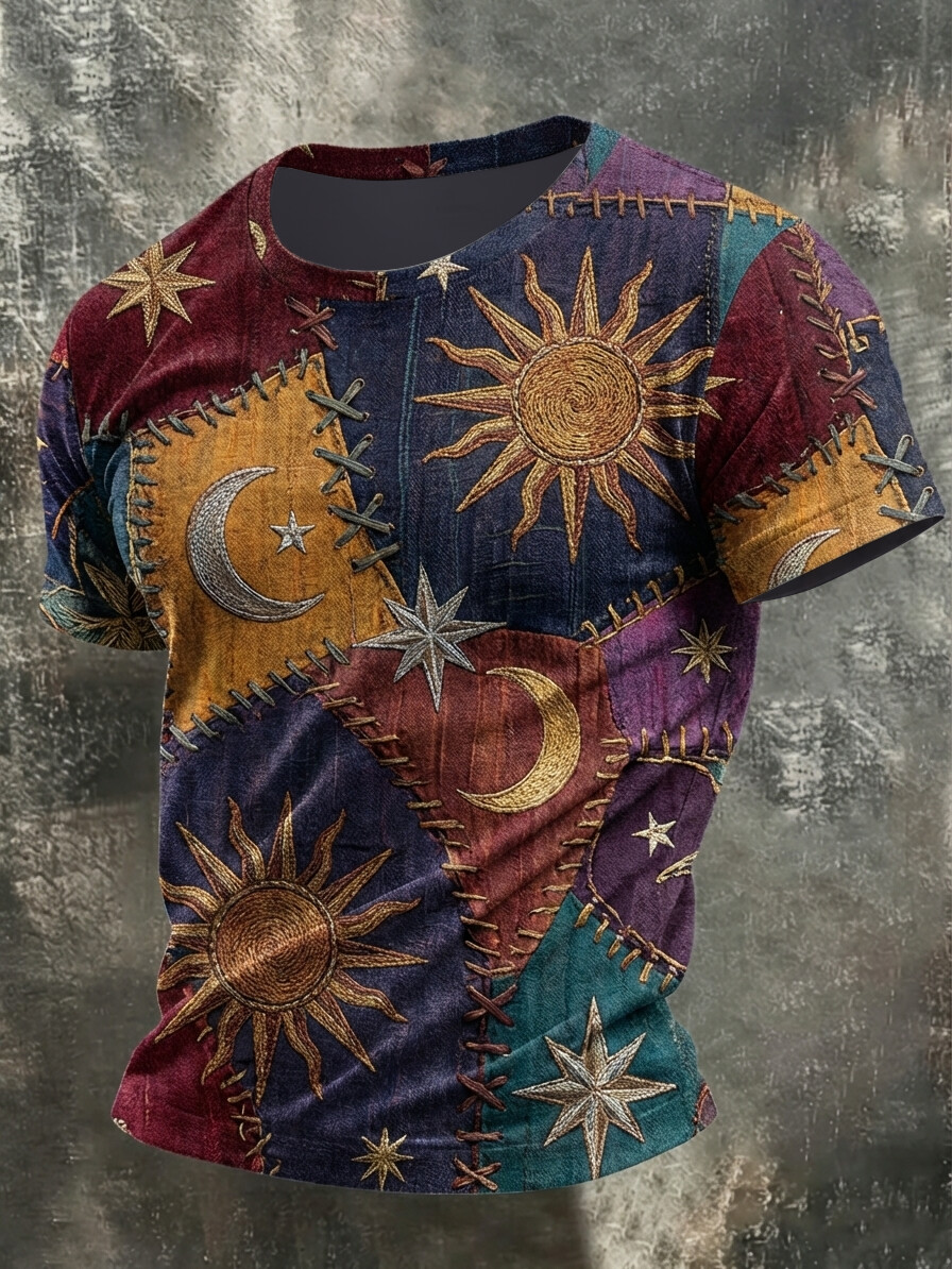 Men's Hippie Art Sun Moon Stitching Pattern Casual T-Shirt