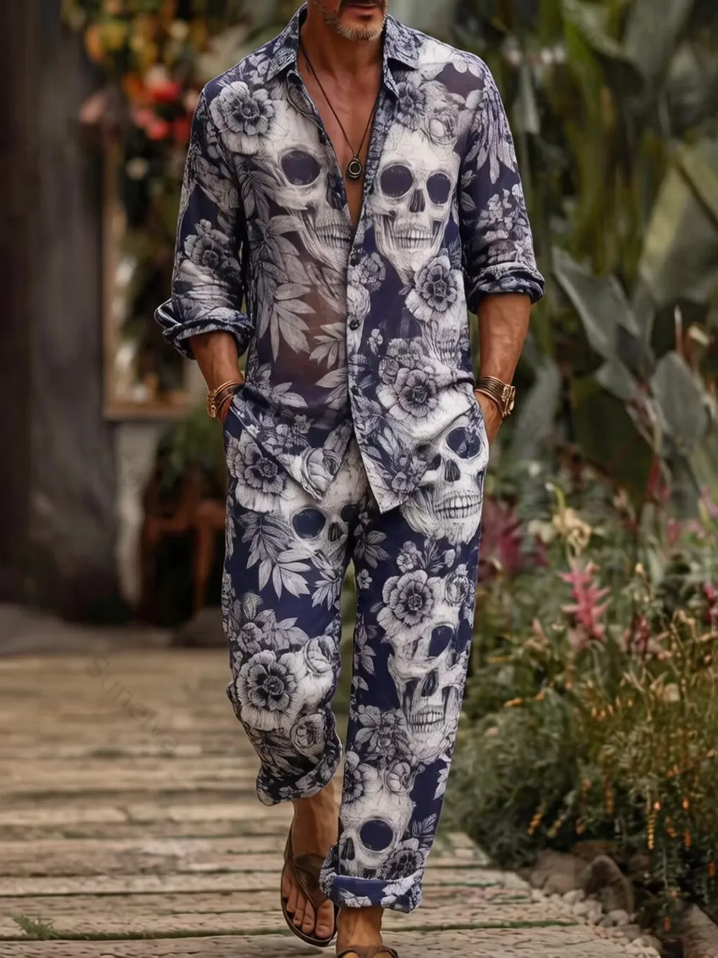 Men's Skull & Floral Art Print Long Sleeve Shirt Pants Matching Set