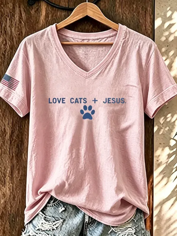Women's Love Cats + Jesus Cat Paw USA Flag Print Casual V Neck T-Shirt