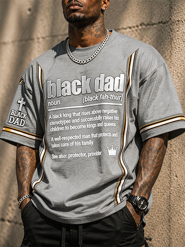 Men's Black Dad Annotation Cross Graphic Print Cotton Casual T-Shirt