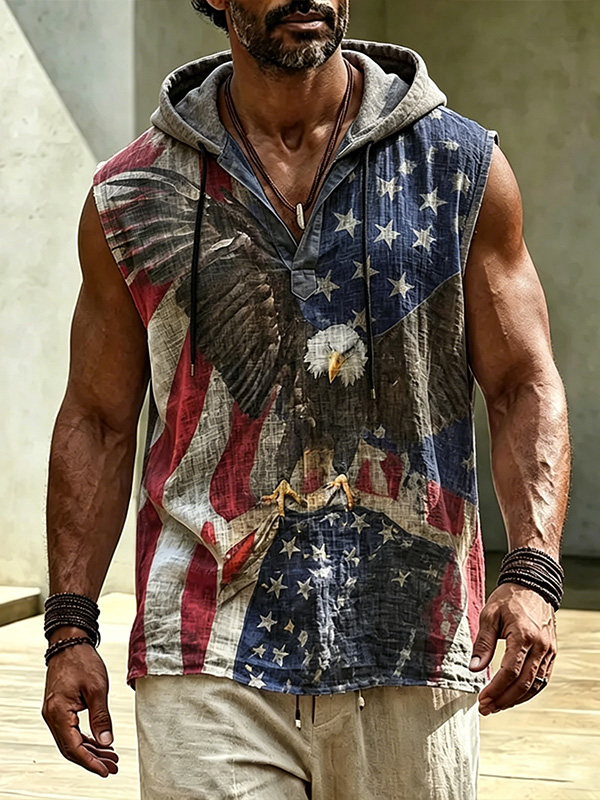 Men's Bald Eagle Stars and Stripes Art Print Hooded Tank Top