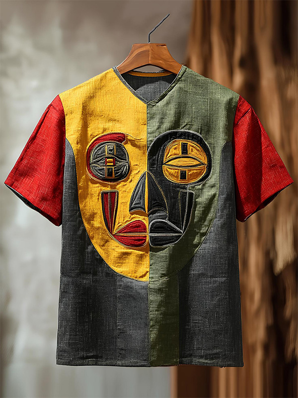 Men's Colorblock Abstract Face Print Casual V Neck T-Shirt
