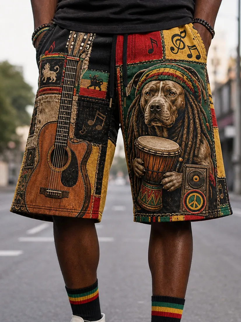 Men's Reggae Music Culture Patchwork Rasta Dog Drummer Print Casual Shorts