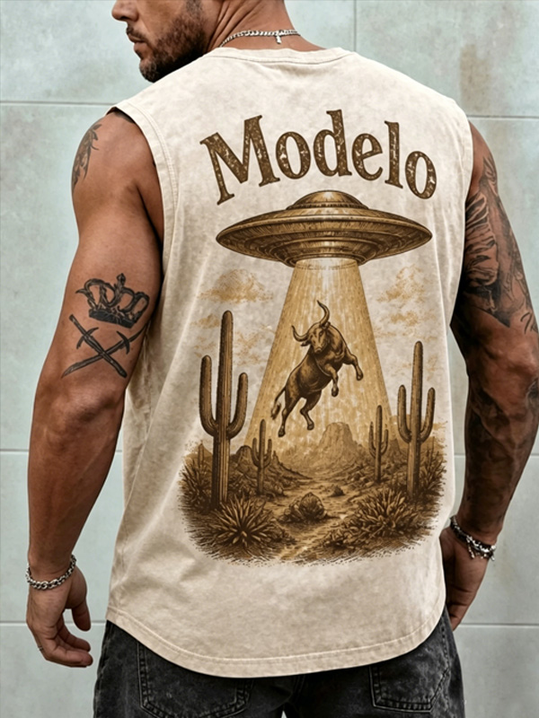 Men's Modelo Western Desert UFO Bull Vintage Art Print Tank Top