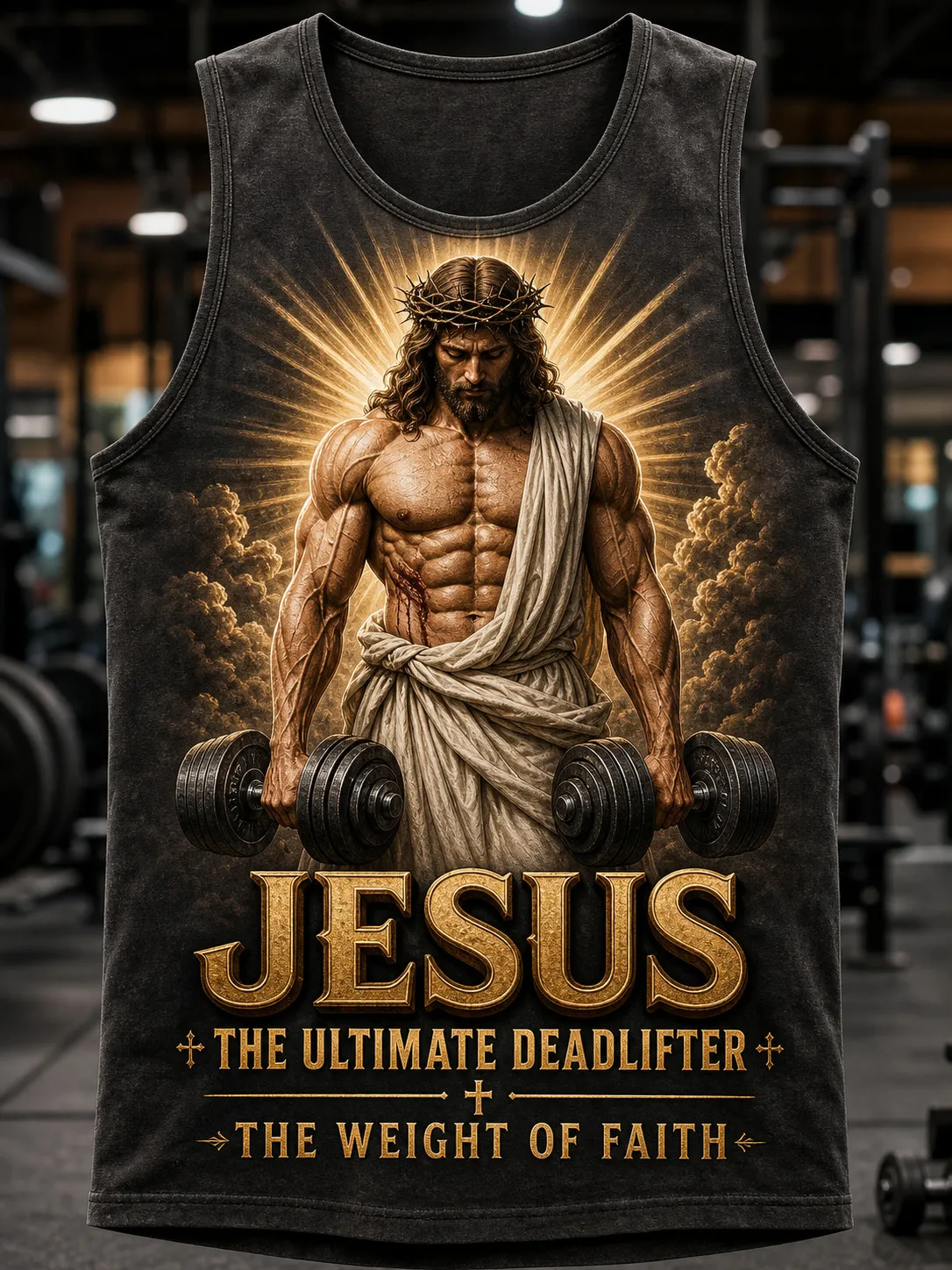 Men's The Weight of Faith Jesus Deadlift Graphic Print Workout Tank Top