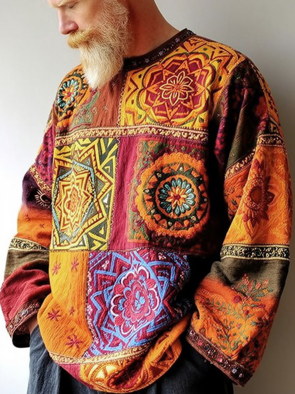 Men's Bohemian Floral Geometric Art Print Long Sleeve T-Shirt