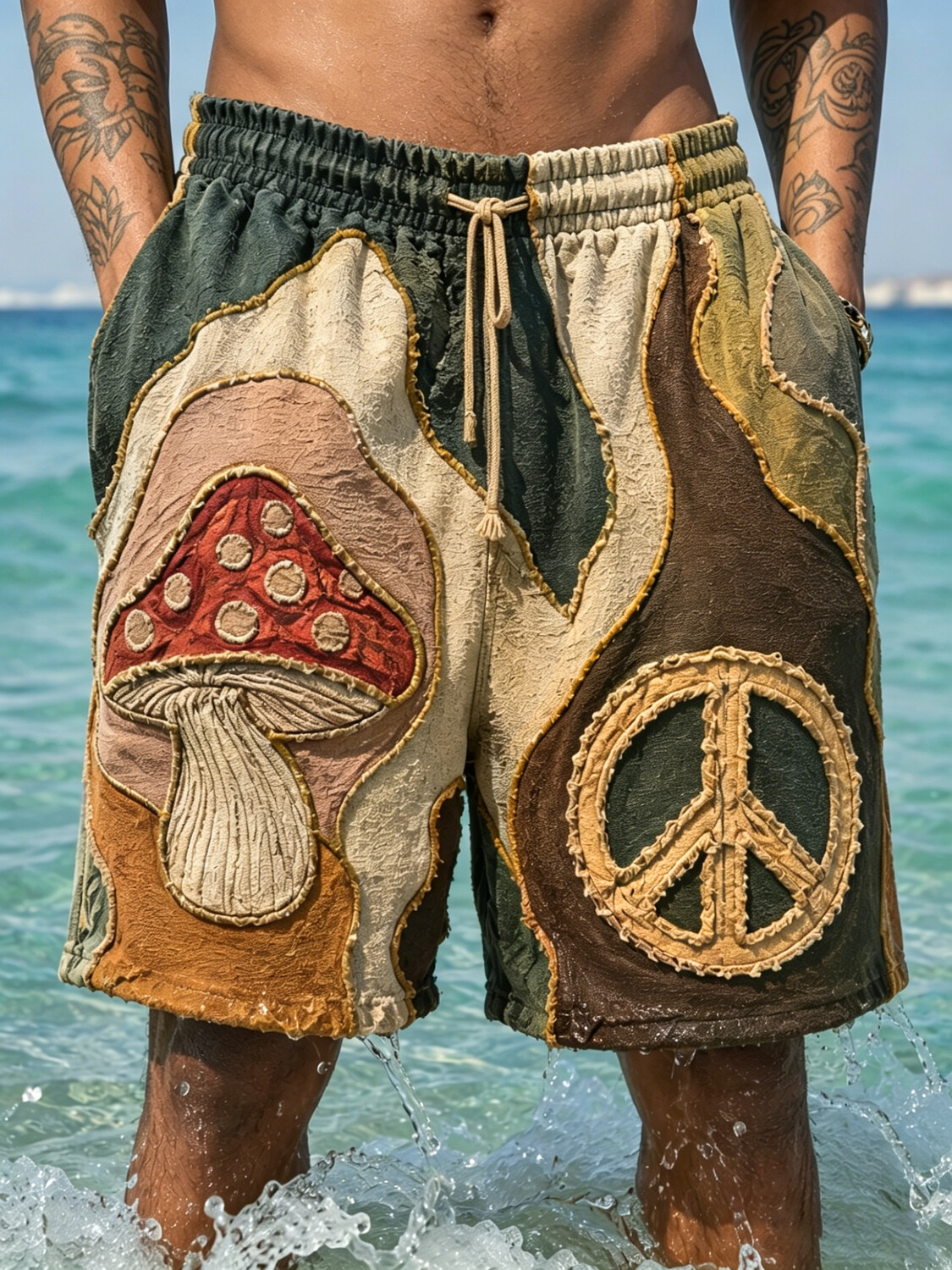 Men's Colorblock Mushroom Peace Graphic Print Casual Shorts